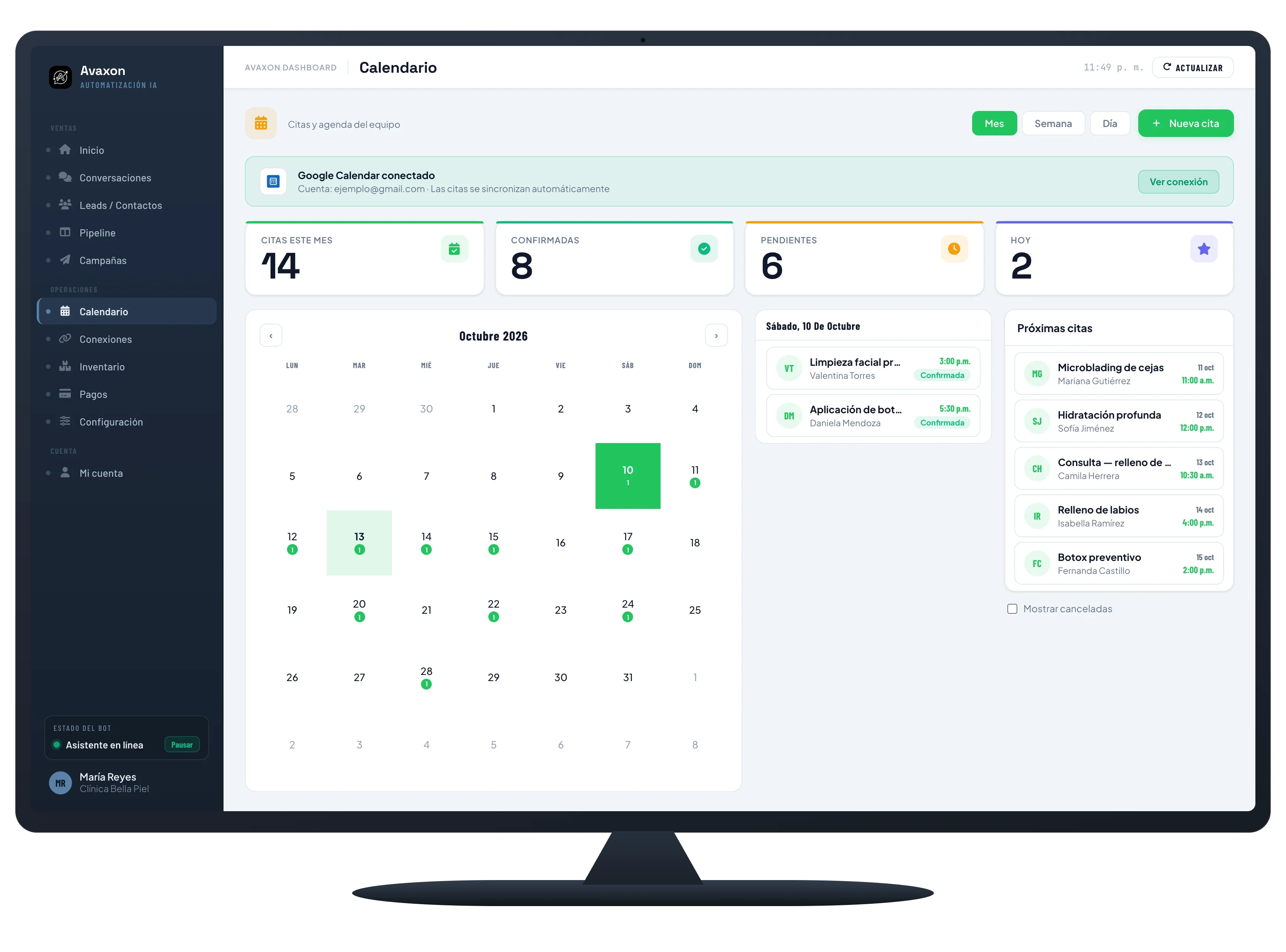 Dashboard de citas Avaxon